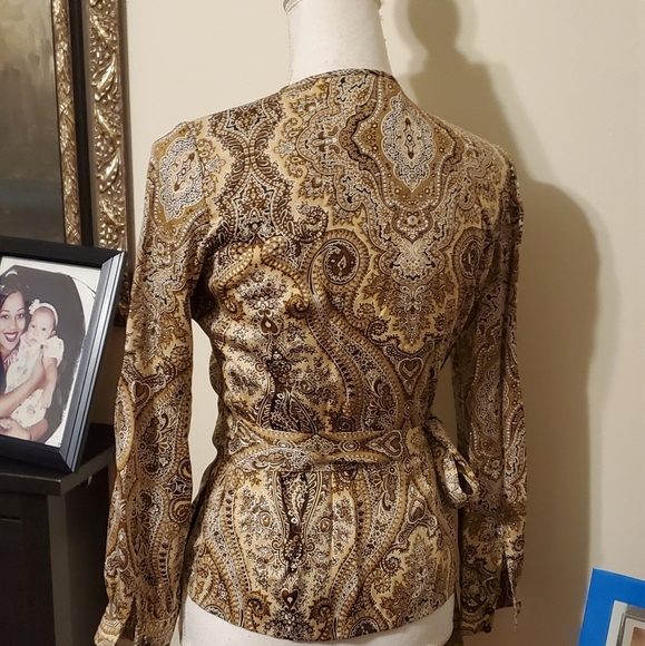 Talbots 100% Silk Brown Paisley Wrap Top - Picture 4 of 11